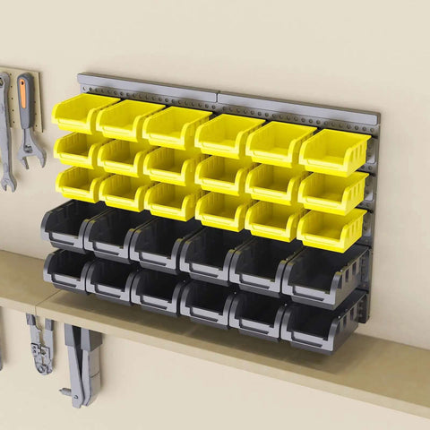 Wall Mount 30 Piece Bin Set For Nuts Bolts Screws Nails And Small Hardware Removable Adjustable Pro Grade Organizer Rack For Garage Workshop Pegboard And Tool Areas, featuring yellow and black bins.