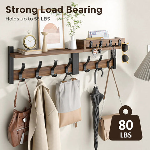 29 Inch Wall Mounted Coat Rack with Swanky Shelf and Heavy Duty Hooks for Entryway Organization Brown Storage Holder for Coats Bags Hats and Mail Hallway Rack that Updates Your Vibe and Maximizes Floor Space showcasing bags, coats, and accessories.