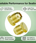 SAE 45 Degree Flare Plug Kit, 4 Pack, One Fourth Inch, Five Sixteenths Inch, Three Eighths Inch, One Half Inch Solid Brass Tube Fittings Caps For HVAC Refrigeration Gas Lines Leak Free Seal