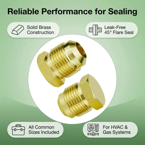 SAE 45 Degree Flare Plug Kit, 4 Pack, One Fourth Inch, Five Sixteenths Inch, Three Eighths Inch, One Half Inch Solid Brass Tube Fittings Caps For HVAC Refrigeration Gas Lines Leak Free Seal