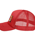 Side view of red Denim Washed Vintage Adjustable Trucker Cap with Norwegian flag dragon boat theme, mesh back