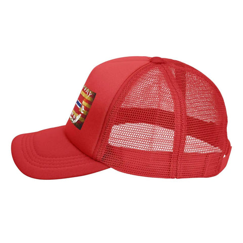 Side view of red Denim Washed Vintage Adjustable Trucker Cap with Norwegian flag dragon boat theme, mesh back