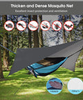 Camping Hammock With Built In Mosquito Net And Rain Fly, Heavy Duty Tree Straps, Nylon Parachute Fabric, forest setup