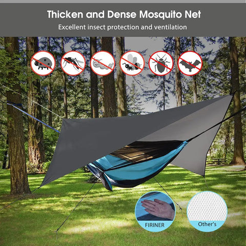 Camping Hammock With Built In Mosquito Net And Rain Fly, Heavy Duty Tree Straps, Nylon Parachute Fabric, forest setup