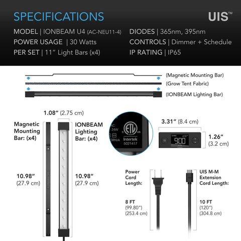 Specifications for Four 11 Inch Targeted Spectrum UV LED Grow Light Bars With 365nm And 395nm Diodes, showing dimensions and components.