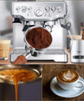 Bottomless portafilter with wood handle, stainless steel for Breville machines, espresso extraction in action, coffee cup and latte art