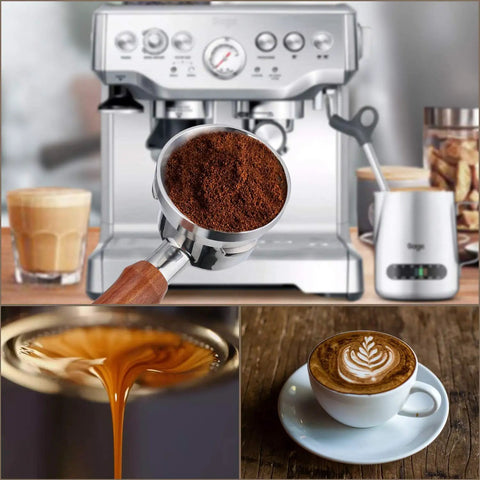 Bottomless portafilter with wood handle, stainless steel for Breville machines, espresso extraction in action, coffee cup and latte art