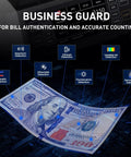 Premium Money Counter Machine For Mixed Denomination Bills shows security detection features on a $100 bill with digital background.