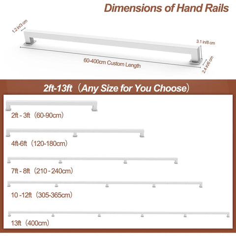 Dimensions of Six Foot White Square Tube Handrail With Super Grip Joints For Indoor Stairs And Wall Mounted Rails.