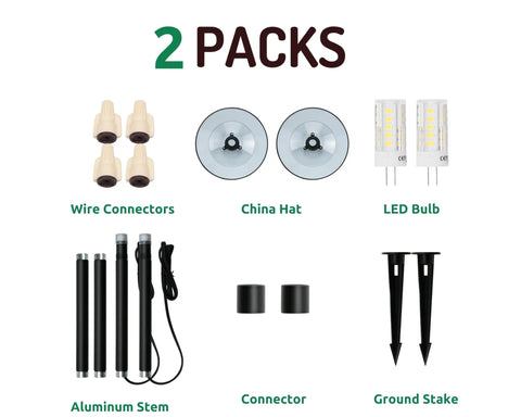 Low Voltage 12V 3W Landscape Path Lights parts including wire connectors, China hat, LED bulb, aluminum stem, stake, and connector.