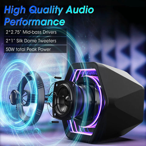 Exploded view of Powerful 50W Gaming Desktop Speakers With Infinity Mirror 3D Tunnel RGB Lighting showcasing internal drivers.
