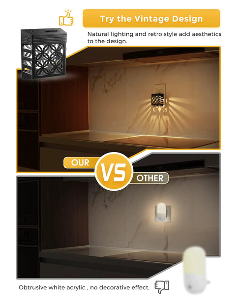 Dusk To Dawn LED Night Light With Dimmable Vintage Glow Soft White 3000K Black Frame, wall decor comparison image