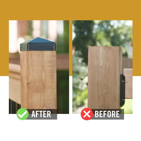 Comparison of wooden posts with an Eazy Pyramid Cap For 6x6 Posts Black Built To Last Heavy Duty Steel Post Cap Fits Over 5-1/2 x 5-1/2 Nominal Square Posts and without.
