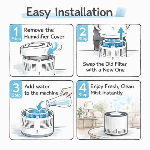 2 Pack PEHUMEVA Eva Replacement Filter For MistAire Eva 4-Speed Humidifier installation steps illustration