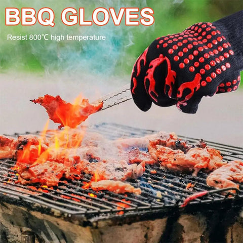 Grill Master Ready Ultimate Heat Resistant BBQ Grilling Gloves With Non Slip Silicone Grip handling hot meat on a barbecue grill