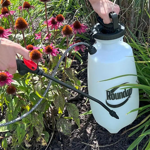 Person using 2 Gallon Lawn And Garden Sprayer For Controlling Insects And Weeds Or Cleaning Decks And Siding With Comfort Grip near flowers.
