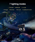 Diver using Beast Mode Dive Light 18000 Lumen Diving Flashlight Waterproof IPX8, demonstrating 7 lighting modes underwater