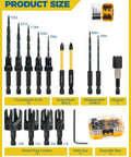 16 Piece Countersink Drill Bit Set With Adjustable Depth Tapered Bits And 4 Wood Plug Cutters 1/4 Inch Hex Shank in storage box