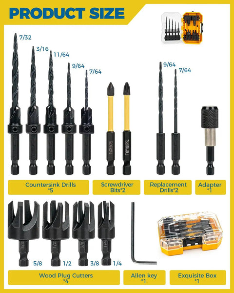 16 Piece Countersink Drill Bit Set With Adjustable Depth Tapered Bits And 4 Wood Plug Cutters 1/4 Inch Hex Shank in storage box