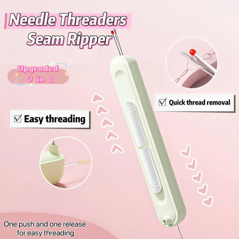 2 In 1 Needle Threader And Seam Ripper Set For Quick Threading Portable And Durable No Fuss Multifunction Sewing Tool For Home And On The Go Automatic Loop Threader For Most Sewing Machines Purple, showing close-up features like easy threading and quick thread removal.
