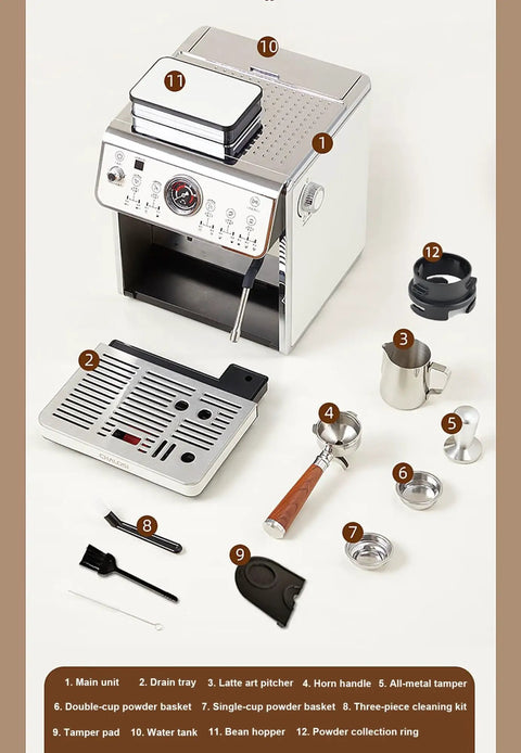On Point Espresso Machine With Burr Grinder And Steam Wand, 2200 Watt Stainless Steel Coffee Maker and accessories layout.