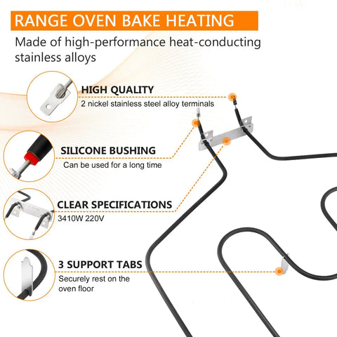 Upgrade WB44T10011 Oven Bake Element For GE Hotpoint Kenmore Ranges with nickel stainless steel terminals and silicone bushing.