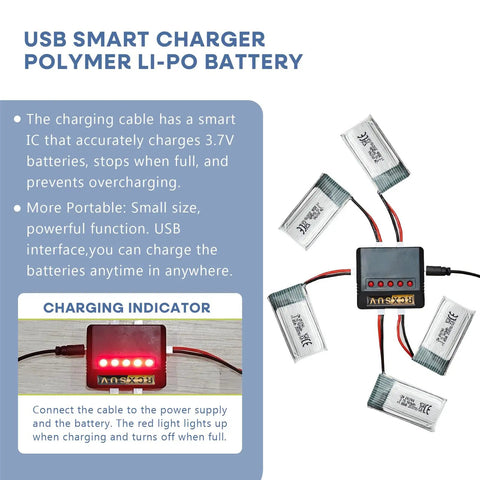 5 Pack 3.7V 500mAh LiPo Batteries with 5-In-1 USB Charger for RC Planes Drones and Quadcopters