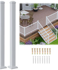 Solid White Aluminum Railing Posts For Outdoor Decks And Patios, Set Of Two, 2.56 X 2.56 X 39 Inches, Textured Powder Coat, Rust Proof And Weather Resistant Sweet Upgrade For Backyards with hardware and patio in background.