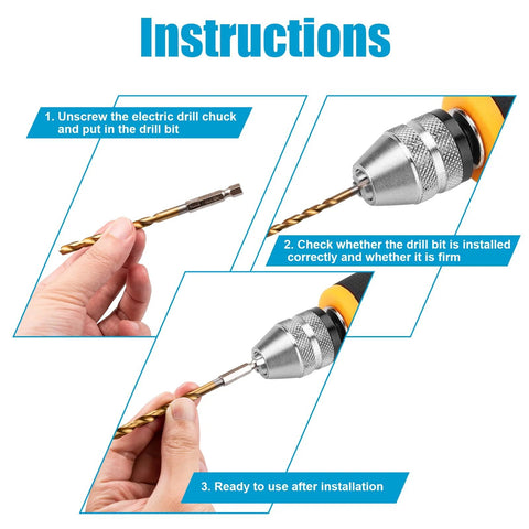 19-pc hex shank drill bit set with holder; gold titanium-coated HSS bits shown in chuck