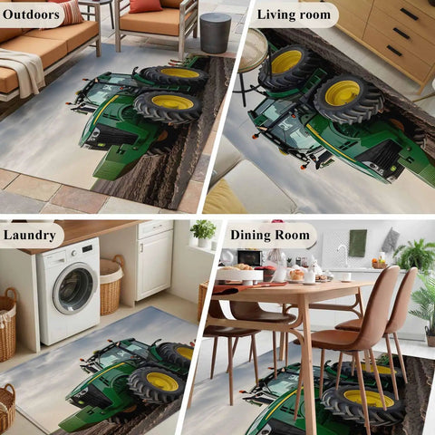 3x5 Machine Washable Farmhouse Rug with Green Tractor Farm Decor in multiple rooms, rustic country style area rug.