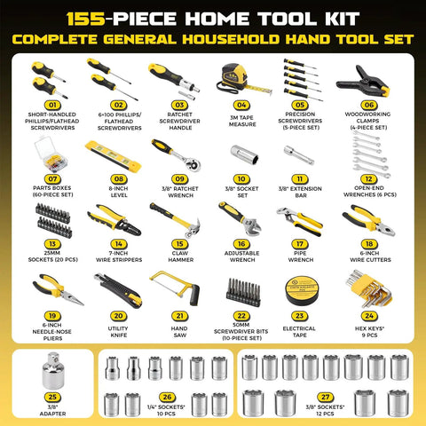 Diagram of 155 Piece Household Hand Tool Set With Toolbox Chrome Vanadium Construction, including screwdrivers, pliers, and sockets.