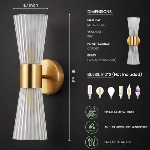 Modern Wall Sconce, Hardwired Wall Lamp for Bedroom Hallway Bathroom, Gold with ribbed glass shade and premium metal base.