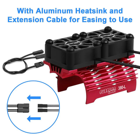 Twin 25mm RC Motor Cooling Fans with metal heatsink for 28mm brushless motors showing aluminum heatsink and extension cable.