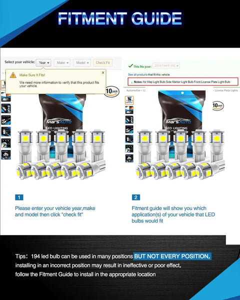 Fitment guide for Upgrade Your Ride With 194 LED Bulbs Pack Of 10 6000K White T10 2825 W5W 5SMD Replacement