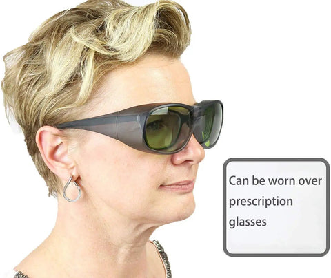 Top Shelf Red Laser Goggles Built Tough For 635nm 660nm 808nm 905nm 980nm Diode Beams worn over prescription glasses.