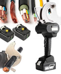 Cordless Cable Cutter For Aluminum And Copper Cables, Hydraulic Ratchet Tool With Dual Batteries, showcasing blades and batteries.