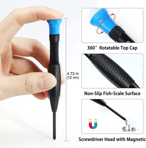 Pro Grade 21 Piece Phone Repair Kit With Pry Tools And Screwdrivers shown with 360° rotatable cap and magnetic tip
