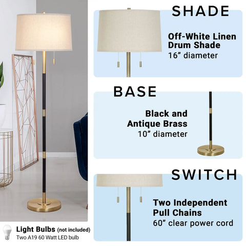 Transitional 2 Light Floor Lamp With Dual Pull Chains In Black And Antique Brass Finish, 56.5 In Tall, with off-white linen shade and brass base.