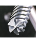 Close-up of Six Flute Carbide End Mill Square Milling Cutter With 50 Degree High Helix For Hard Steel Finishing, 0.125 Inch Shank.
