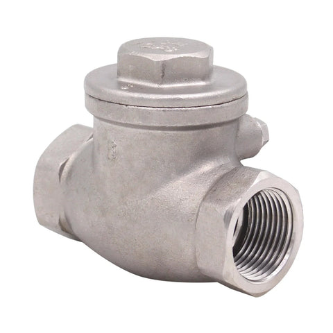 3/4 inch stainless steel swing check valve, front-angle view with NPT threaded ends