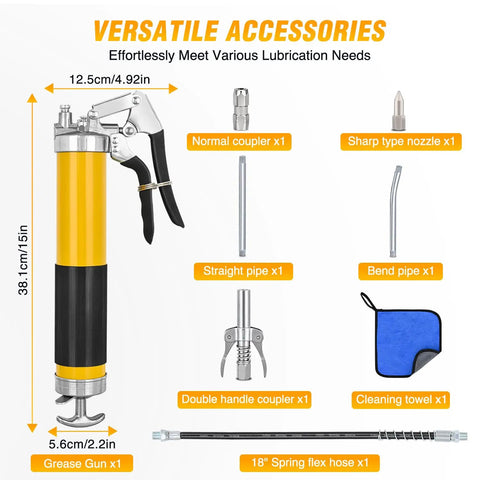 Heavy Duty Pistol Grip Grease Gun Kit With 18 Inch Flexible Hose Quick Release Coupler 8000 PSI Pressure 14 Oz Capacity Leak Proof