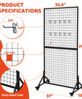 Two Pack Hella Durable Rolling Wire Grid Wall Panels Featuring Twenty Straight Up Sturdy Hooks For Retail Shops Craft Fairs Mobile Vendor Booths And Weekend Markets In Black with dimensions and specs