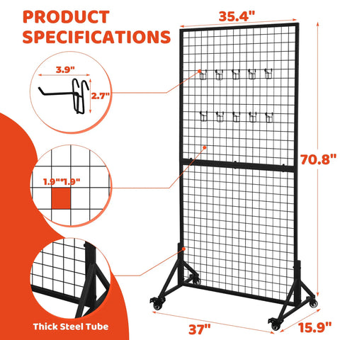 Two Pack Hella Durable Rolling Wire Grid Wall Panels Featuring Twenty Straight Up Sturdy Hooks For Retail Shops Craft Fairs Mobile Vendor Booths And Weekend Markets In Black with dimensions and specs