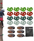 Child climbing tree with 16 Piece Kids Climbing Rocks Set With Zip Line Accessories Non Slip Tree Rock Holds, ABS plastic.