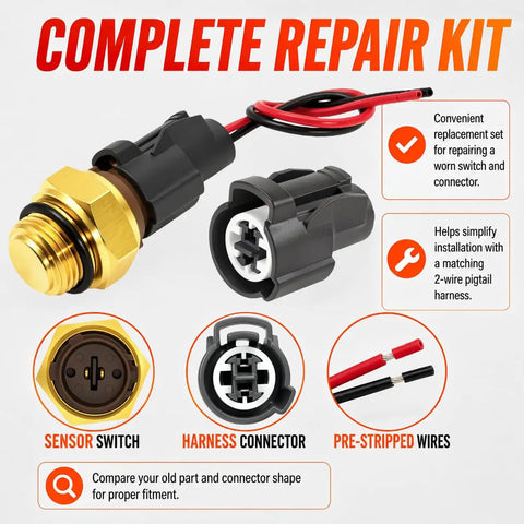 Radiator Coolant Fan Switch Replacement With Connector Pigtail Harness Water Temperature Sensor Switch For Honda Accord Civic CR V Odyssey And Acura Integra RSX TL CL Plug And Play Drop In Ready, 2-wire pigtail