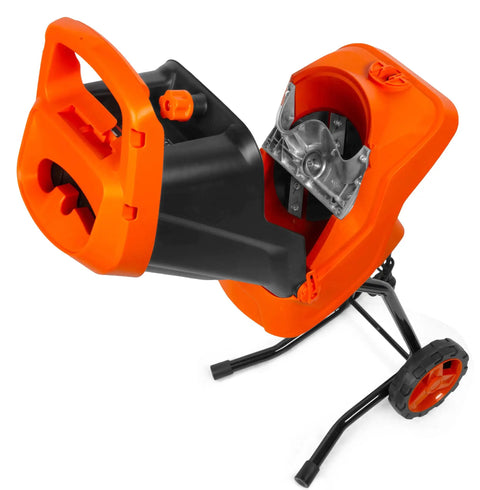 Powerful Electric Wood Chipper And Shredder with 15 Amp Motor for Easy Yard Cleanup, open view showing blade and hopper.