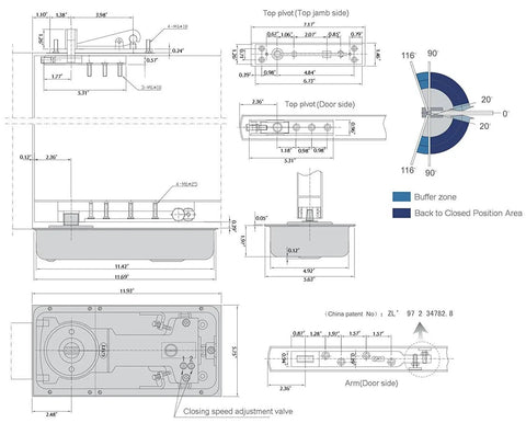 Beefy Floor Spring Glass Hinge N-828 For Heavy Doors, Supports Up To 120KG, Fits 950-1050mm Wide, Opens To 116 Degrees, Center Hung Double Action Door Hardware For Commercial Or Residential Use. technical drawing with dimensions