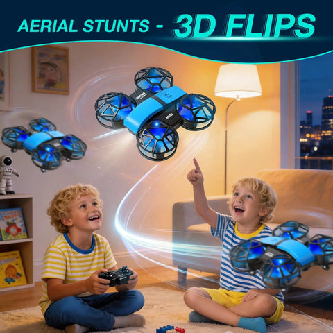 Kids playing with Mini Kids Drone For Indoors And Outdoors RC Quadcopter With Propeller Guards LED Lights For Night Flights