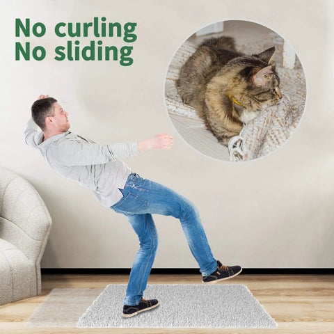 Man slipping on rug, highlighting Double Sided Non Slip Rug Tape Set 16 Pieces Reusable And Washable; cat lying safely on rug