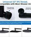 13 Inch Shower Head Extension Arm With Solid Brass Construction, Adjustable Height And Angle Extender For Raising Or Lowering Rainfall Shower Head, Fixed Head Matte Black with universal 1/2" IPS thread.